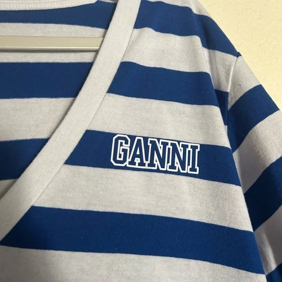 Ganni Blue and White Striped Logo Tee Shirt V Neck Size Medium - Picture 4 of 7